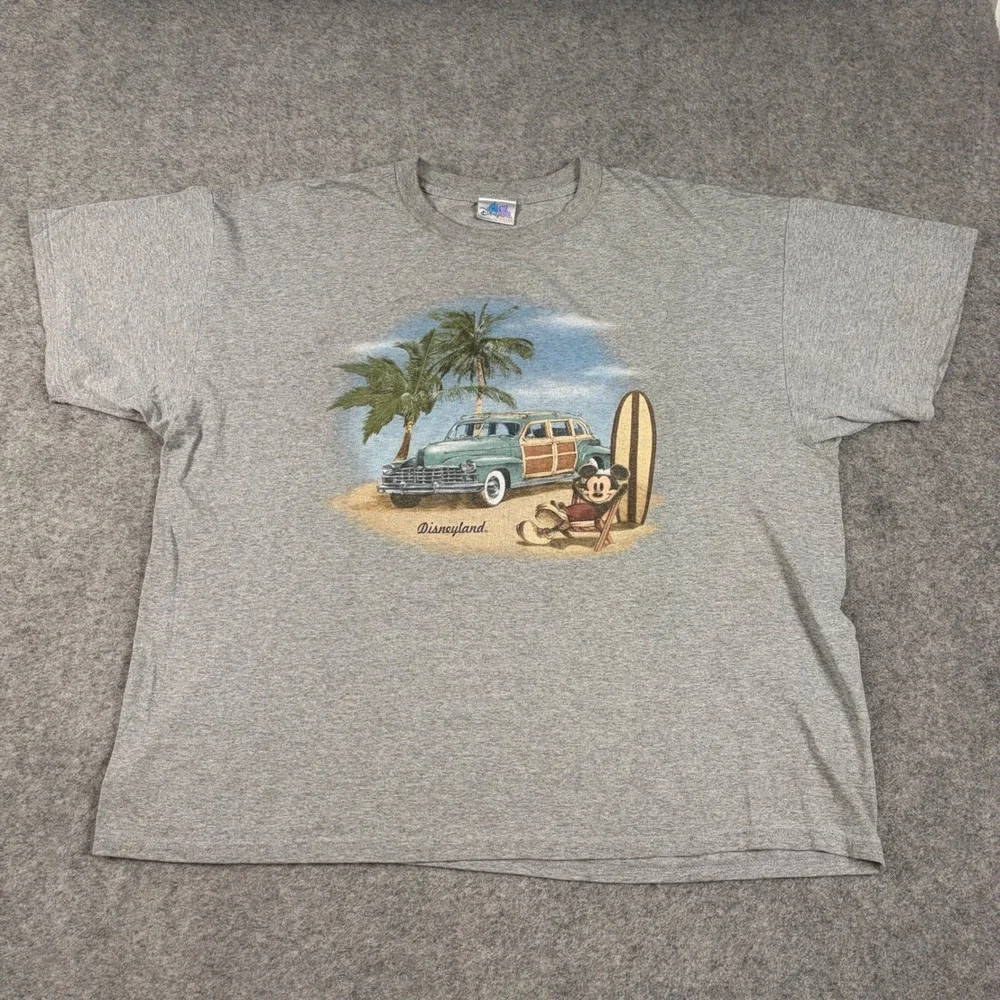 Disney Mickey Mouse T-Shirt Mens 2XL Gray Disneyland Beach Surf Woody Car